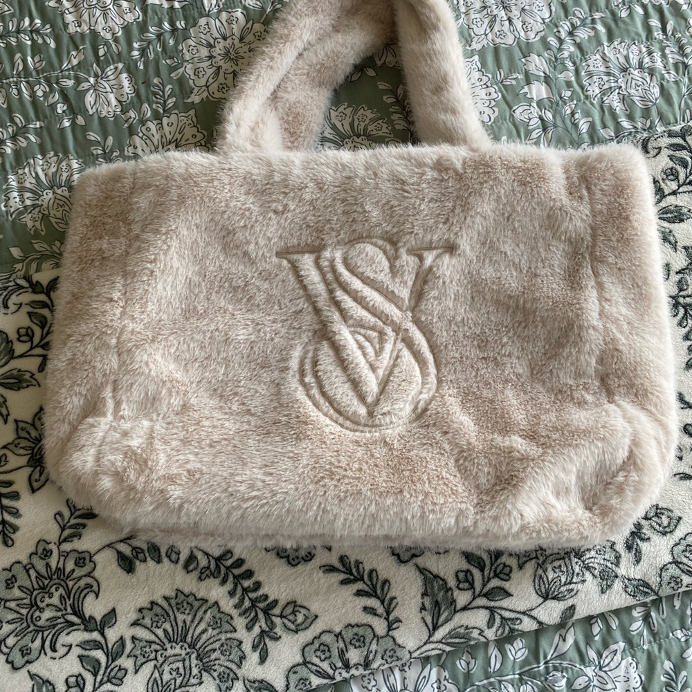 Victoria's Secret Plush Faux Fur Tote in Light Beige